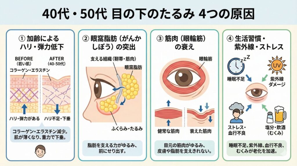 40代・50代の目の下のたるみ4つの原因図解(加齢・眼窩脂肪・筋肉の衰え・生活習慣)
