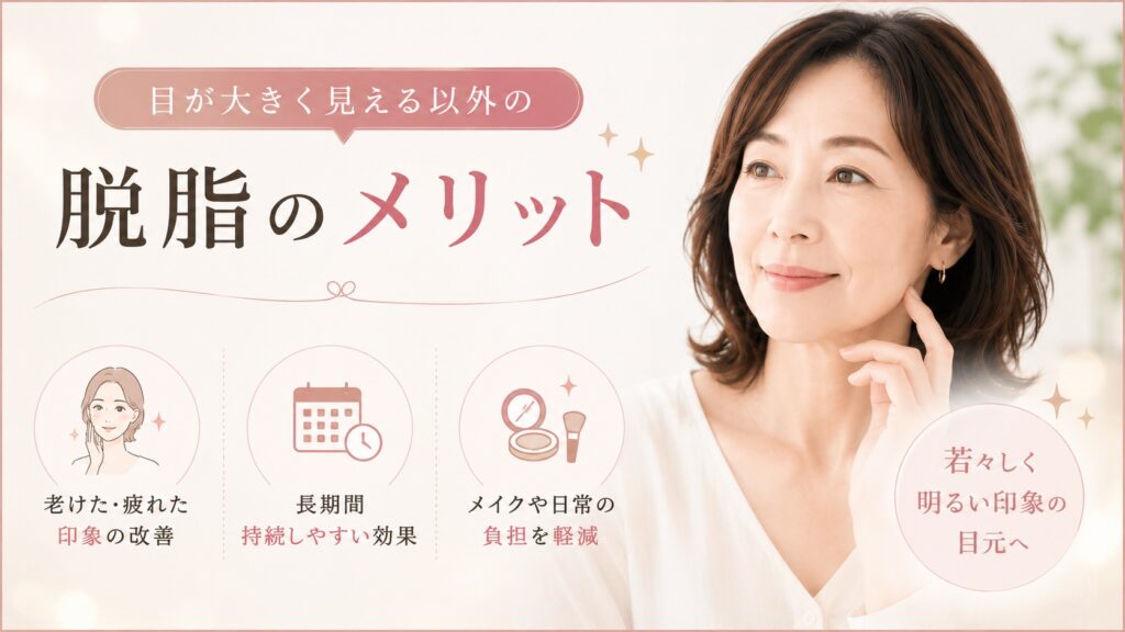 目の下の脱脂による若々しい印象や長期的なメリットを40〜60代女性向けに紹介した美容医療イメージ画像