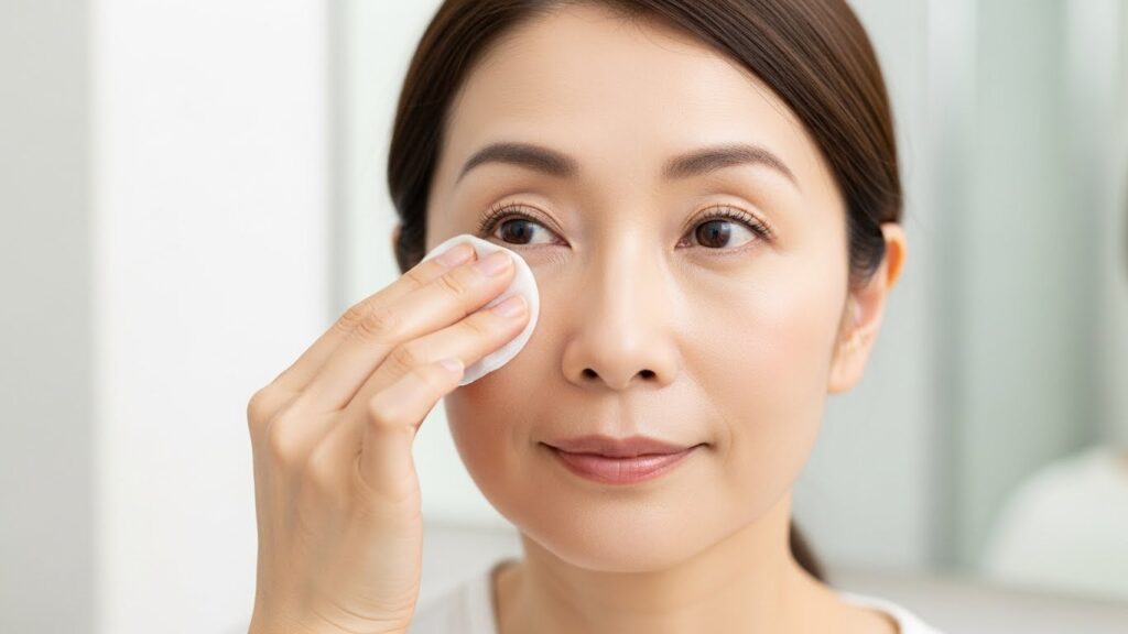 40代・50代の目の下のたるみ対策|目元の摩擦を避けて優しくクレンジングする様子