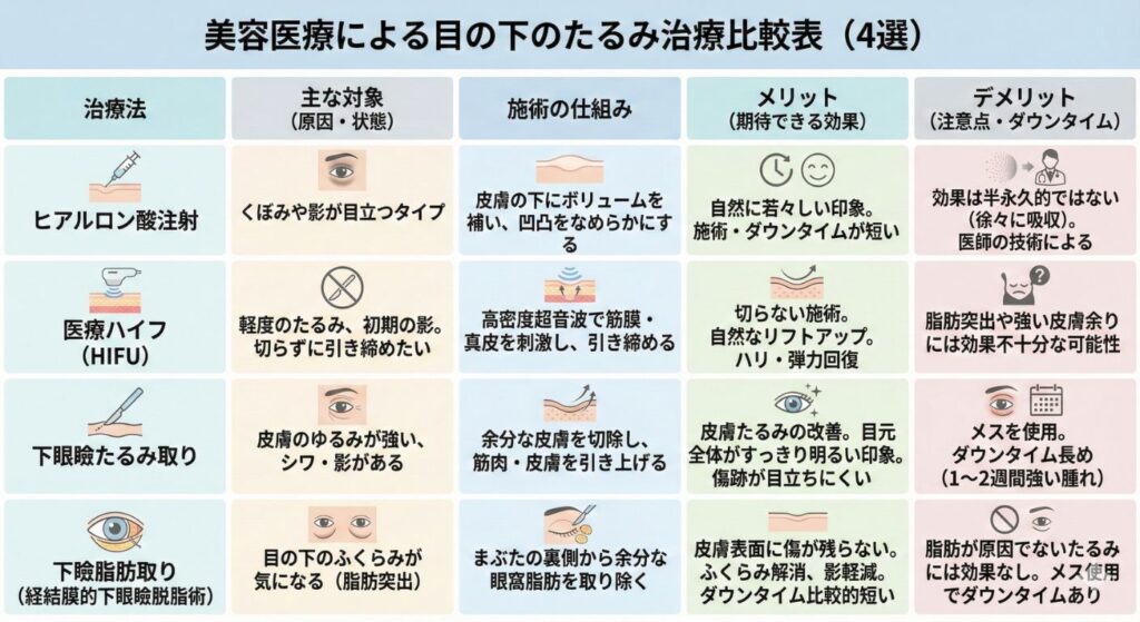 目の下のたるみ治療4選の比較表(ヒアルロン酸・HIFU・下眼瞼たるみ取り・脂肪取り)