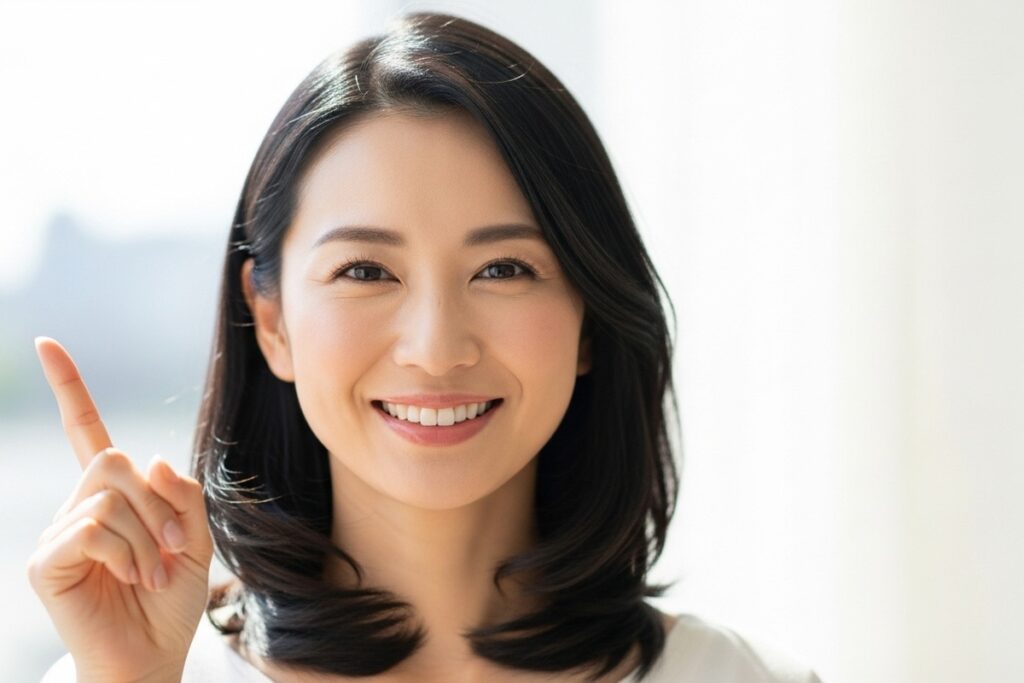 「ここがポイント」であることを表現する笑顔の女性