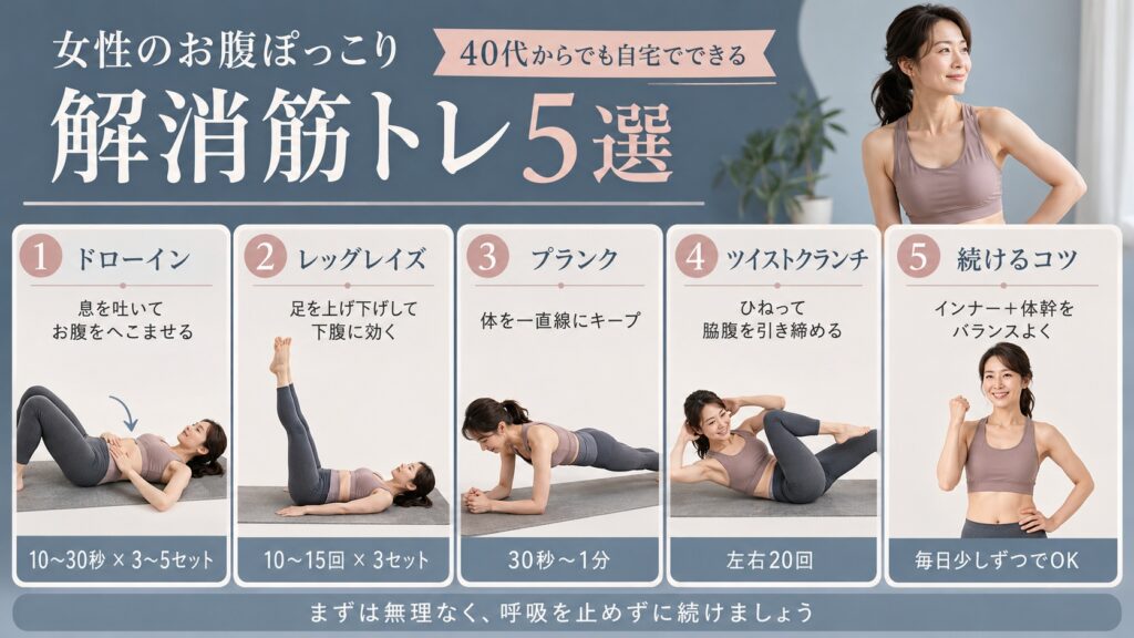 40代女性向けのお腹ぽっこり解消筋トレ5選のインフォグラフィック画像